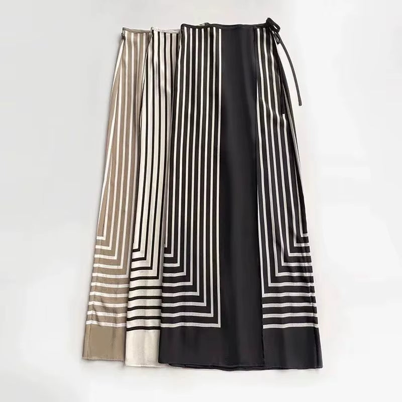 Luxury Geometric Striped Printed Set, One-Piece Lace up Wrap around the Body and Buttocks Half Skirt with Silk, Minimalist Style