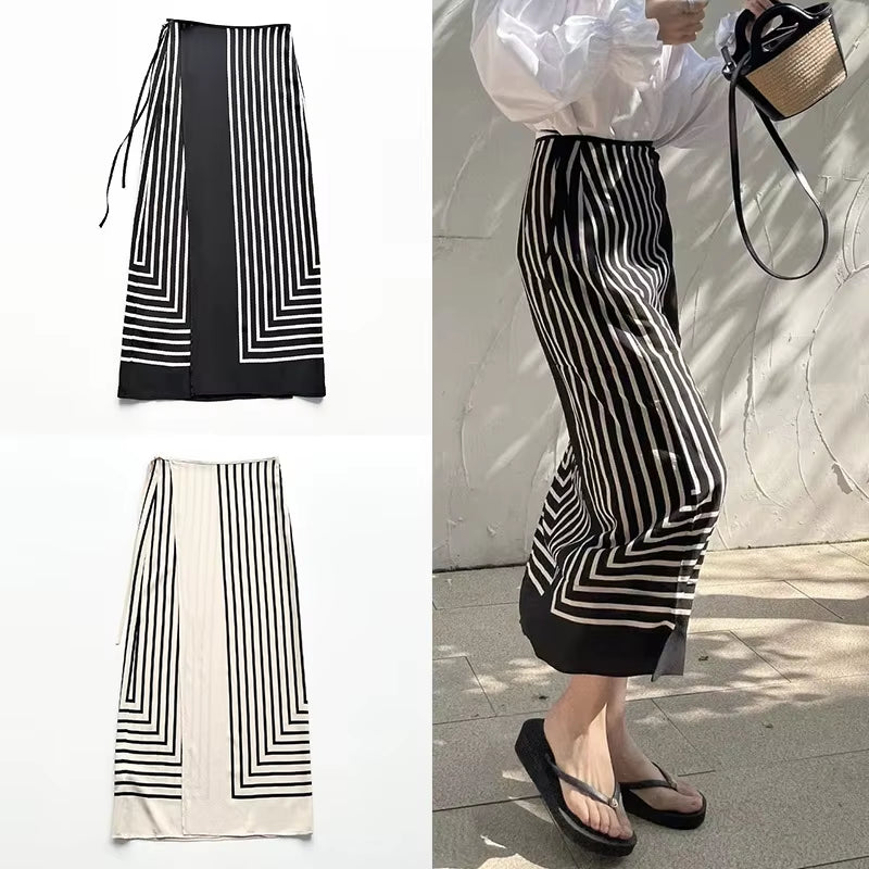 Luxury Geometric Striped Printed Set, One-Piece Lace up Wrap around the Body and Buttocks Half Skirt with Silk, Minimalist Style