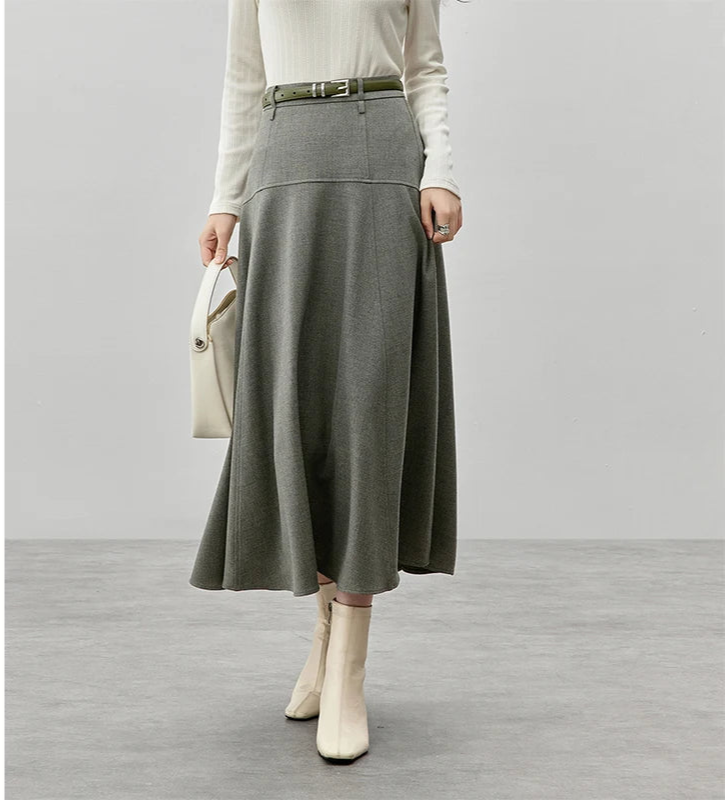 A-Line Folds Black Skirt for Women 2024 Winter Commute Style High Waist Simple Temperament Long Skirt 151Q80207X