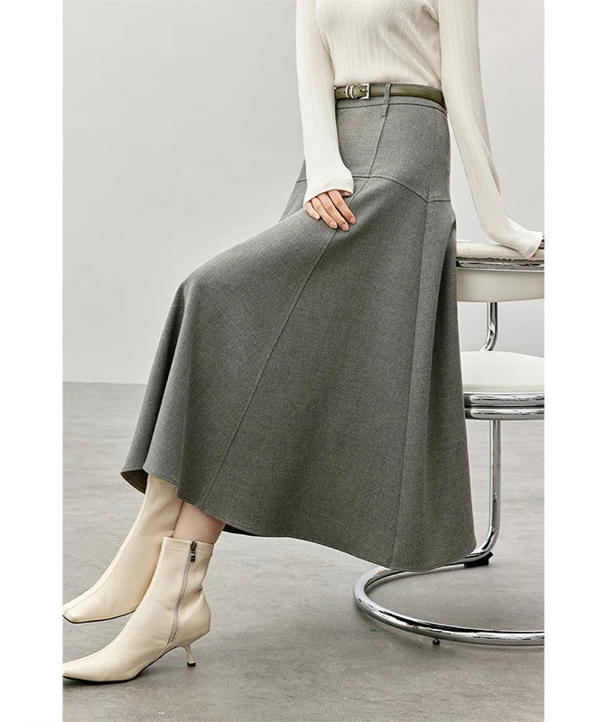 A-Line Folds Black Skirt for Women 2024 Winter Commute Style High Waist Simple Temperament Long Skirt 151Q80207X