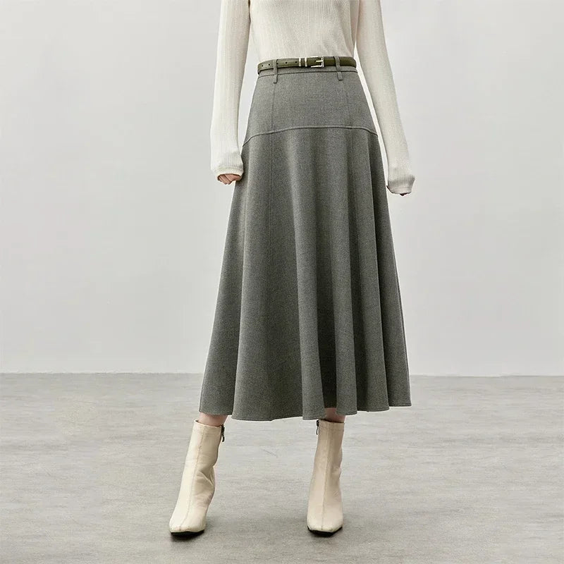 A-Line Folds Black Skirt for Women 2024 Winter Commute Style High Waist Simple Temperament Long Skirt 151Q80207X