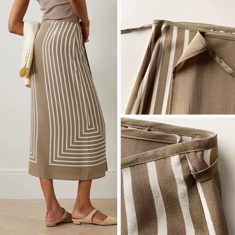 Luxury Geometric Striped Printed Set, One-Piece Lace up Wrap around the Body and Buttocks Half Skirt with Silk, Minimalist Style